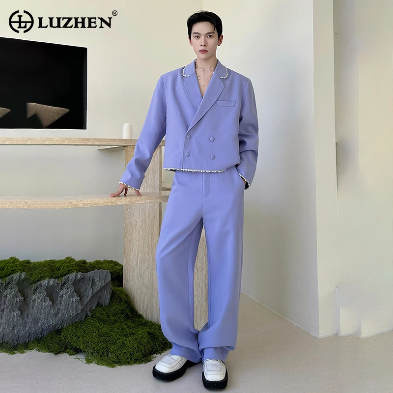 

LUZHEN 2025 новые модные элегантные комплекты из двух предметов, мужские красивые двубортные короткие пиджаки, пальто, однотонные прямые брюки JY5379