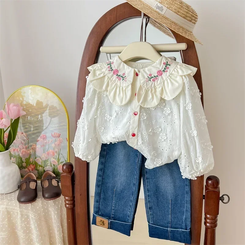 New Girl Doll Shirt Children Spring Clothes Korean Embroidered Shirt Foreign Style Baby Fashionable Top Korean Simple Style