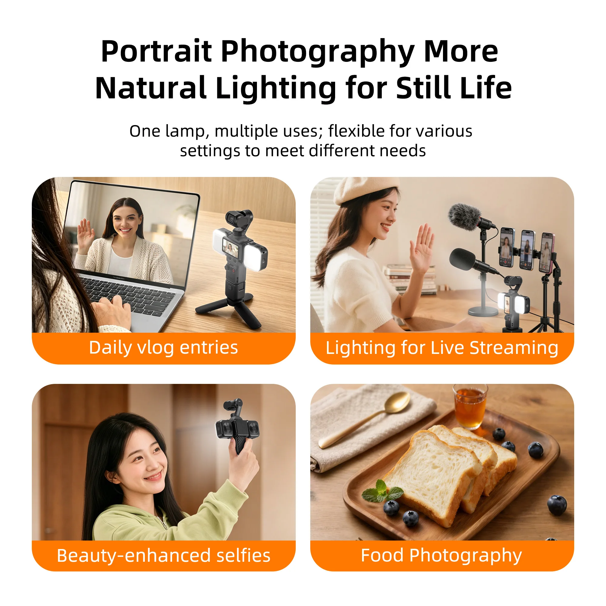 Fill Light For DJI Osmo Pocket 4/3 Accessories Magnetic Selfie Light 4 Color Temperatures Quick-Release Mount Dual Clip LED Lamp