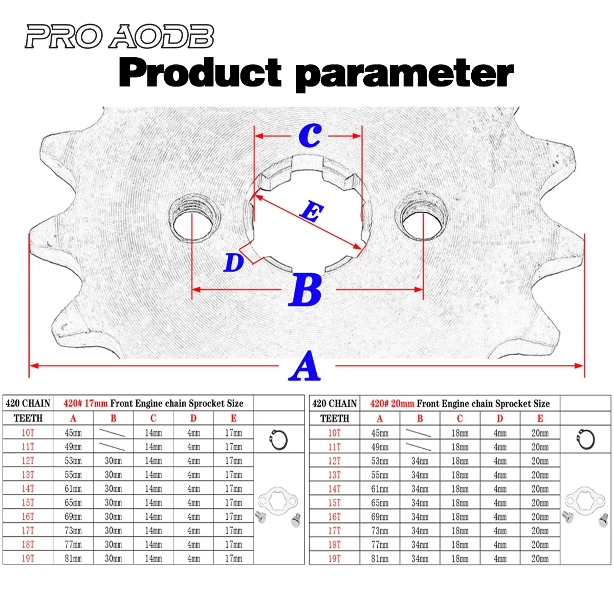 Front Engine 420# 10T 11T 12T 13T 14T 15T 16T 17T 18T 19T Teeth 17MM 20MM Chain Sprocket With Retainer Plate Locker