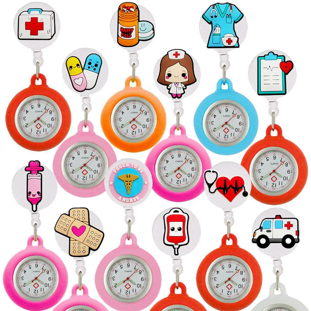 Nurse Doctor Cute Lovely Cartoon Hospital Medical Icons Health Heart Care Hang Clip Retractable FOB Pocket Watches Clock Gifts