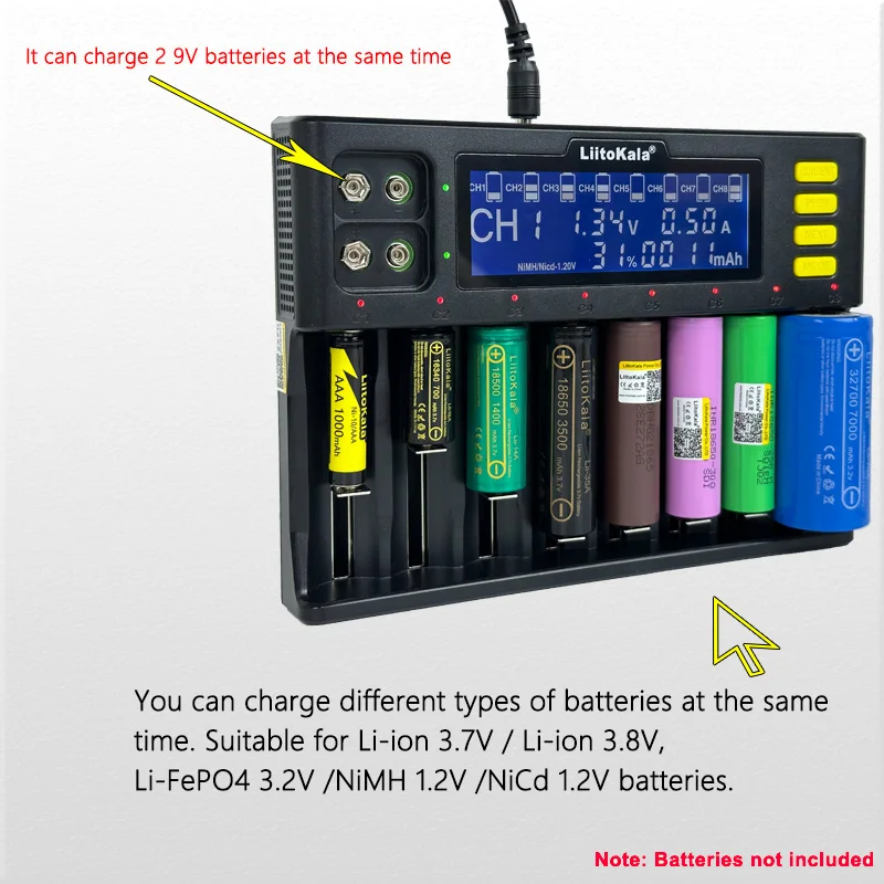 Ładowarka LiitoKala Lii-S8 Lii-S12 do akumulatorów 18650 3,7 V Li-ion NiMH 1,2 V 9 V Li-FePO4 3,2 V IMR 3,8 V 26650 21700 26700 AA AAA