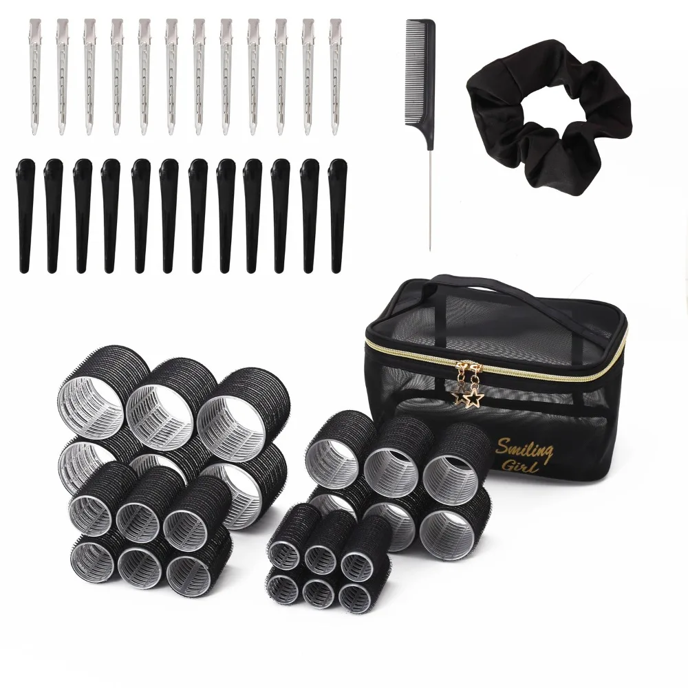 Hair Rollers Set Self Grip Curlers with Duckbill Clips Tail Comb Multiple Sizes Scrunchie Storage Bag Heatless Curls Women DIY