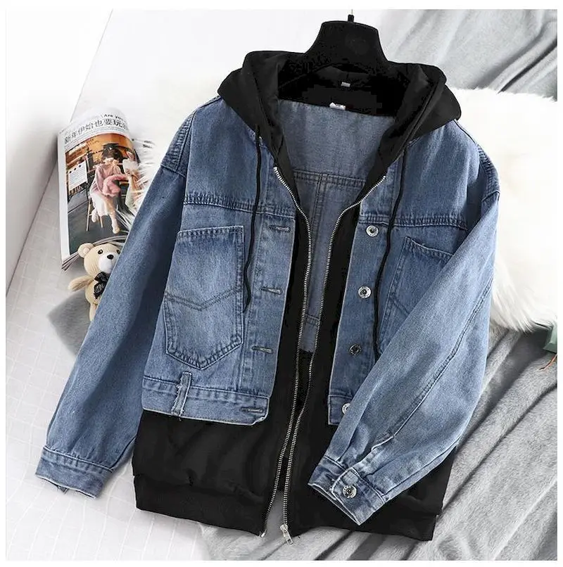 Patchwork Fake Two-piece Hoodies Women Spring Autumn Trend Hooded Denim Jacket Fashion Fried Street Loose Zip Up Cardigan Hoodie