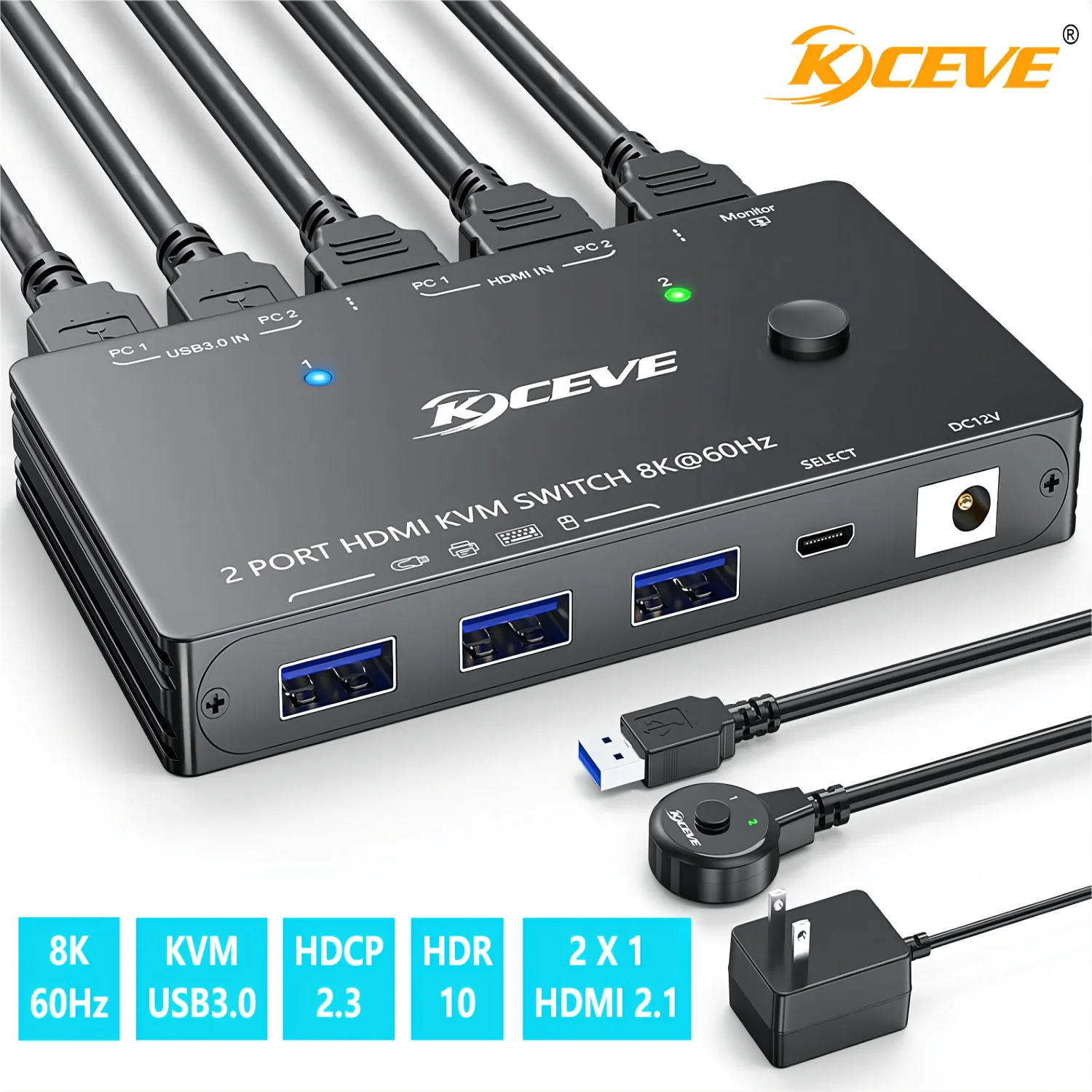 

8K KVM Switch HDMI 2 Port 8K@60Hz 4K@120Hz,HDMI KVM Switch for 2 Computers Share 1 Monitor and 3 USB 3.0 Devices,HDCP 2.3,HDR 10