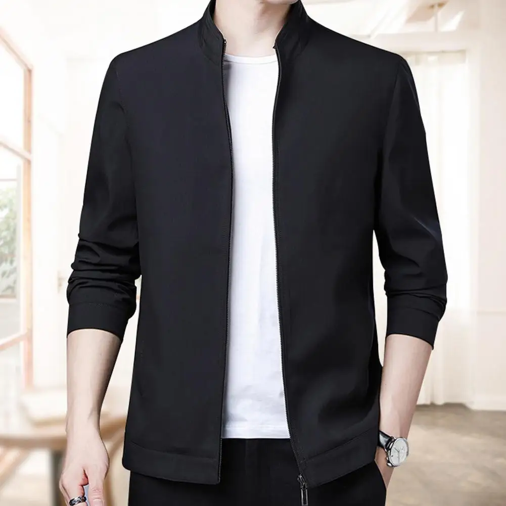 

Men Spring Autumn Jacket Stand Collar Long Sleeve Business Coat Zipper Placket Solid Color Mid-aged Outwear