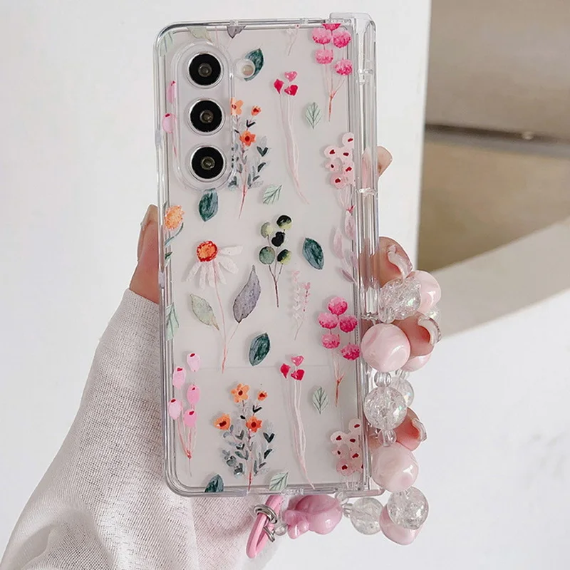 For Samsung Z Fold5 Fold4 Shockproof Flower Pattern Clear Hybrid Hard Folding Flip Protection Phone Case Cover With Hand Chain