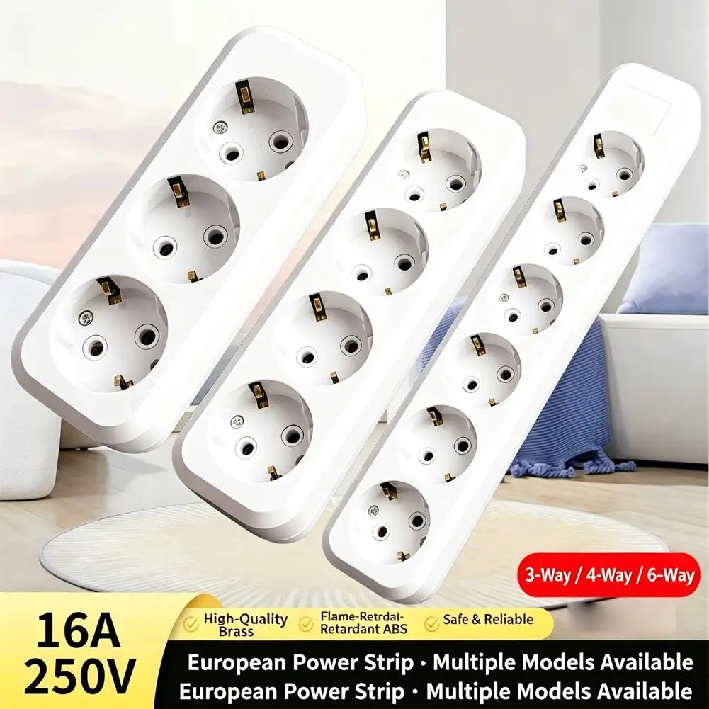 EU Power Strip 16A 250V Rewirable European Socket Extension Block Fire‑Retardant ABS Wall Mount Multiple Outlets Grounded Power