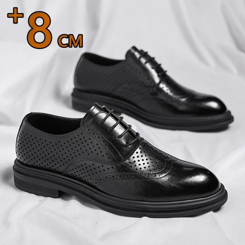 Spring Summer Men Hollow Platform High Heel 6/8 CM Height Growth Formal Men Derby Leather Shoes Man Wedding Dress Elevator Shoes