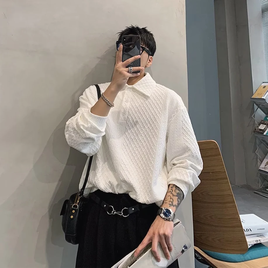 Loose Fit  Shirt Men's Style Cityboy Waffle Grid Design Turn-down Collar T-shirt Small Fragrance Style Retro Overhead Swe...