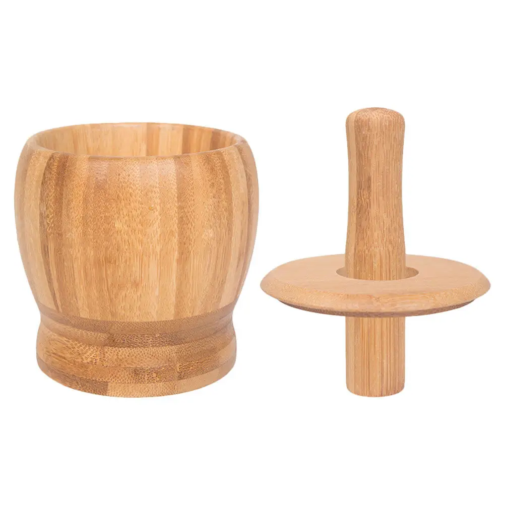 1Set Bamboo Grinding Bowl Pestle Garlic Masher Large Capacity Smooth Grinding Easy Clean Splatter Lid Food Prep Kitchen Tool