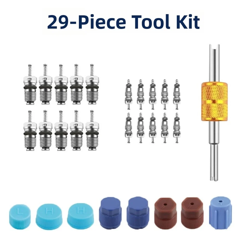 R134a Car AC Valve Core Removal Tool Set 31 Pieces Brass Aluminum Alloy For Quick High Low Pressure Air Conditioning Repair Kit