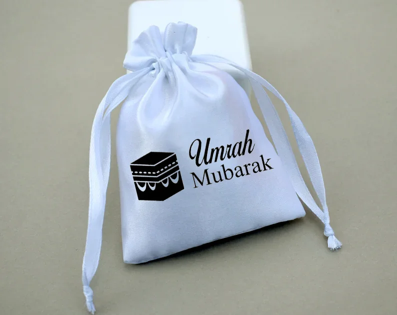 5 pz Umrah Mubarak sacchetto regalo tascabile con coulisse in raso bianco Eid Al-Fitr musulmano islamico Ramadan Kareem regalo Eid Mubarak Decoracion