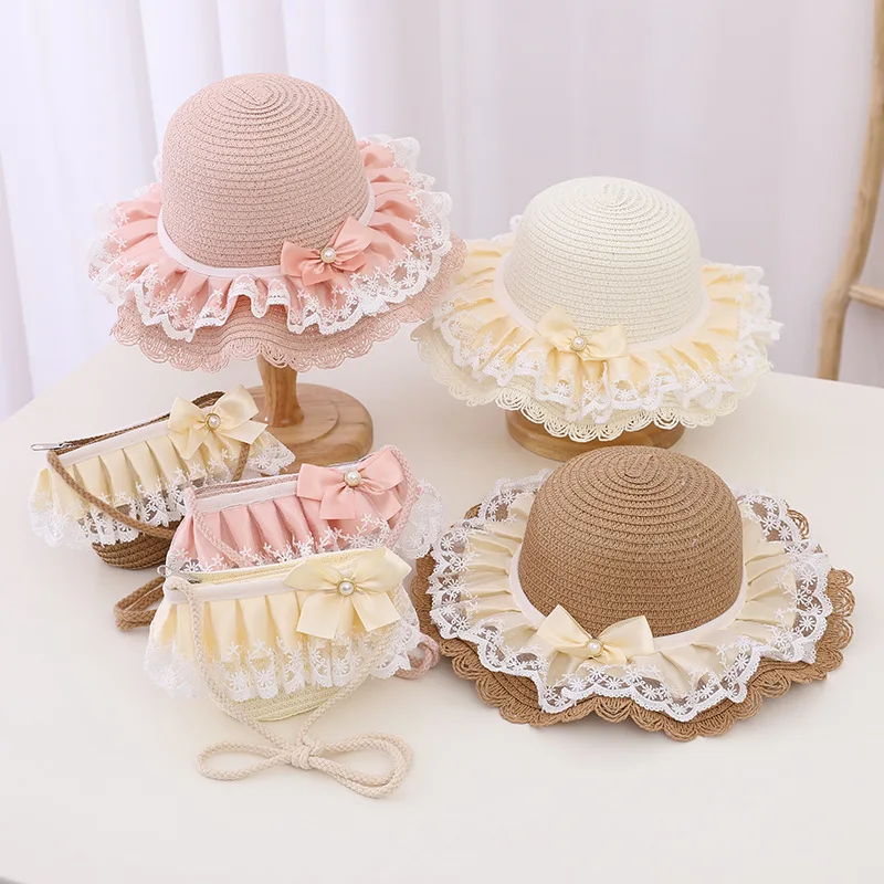 Child Sun Hat Baby Girl Casual Lace Bow Beach Hat Straw Hat Summer Kid Child Holiday Straw Handle Bag Hat Summer Panama