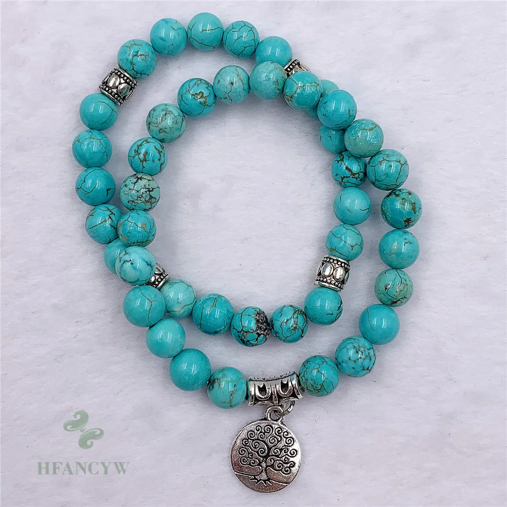 2Pcs 8mm Turquoise Silver Circle Bracelet Tree Image Pendant Durable Eco-Friendly Office Wear Bohemian Fashionistas Charm Custom