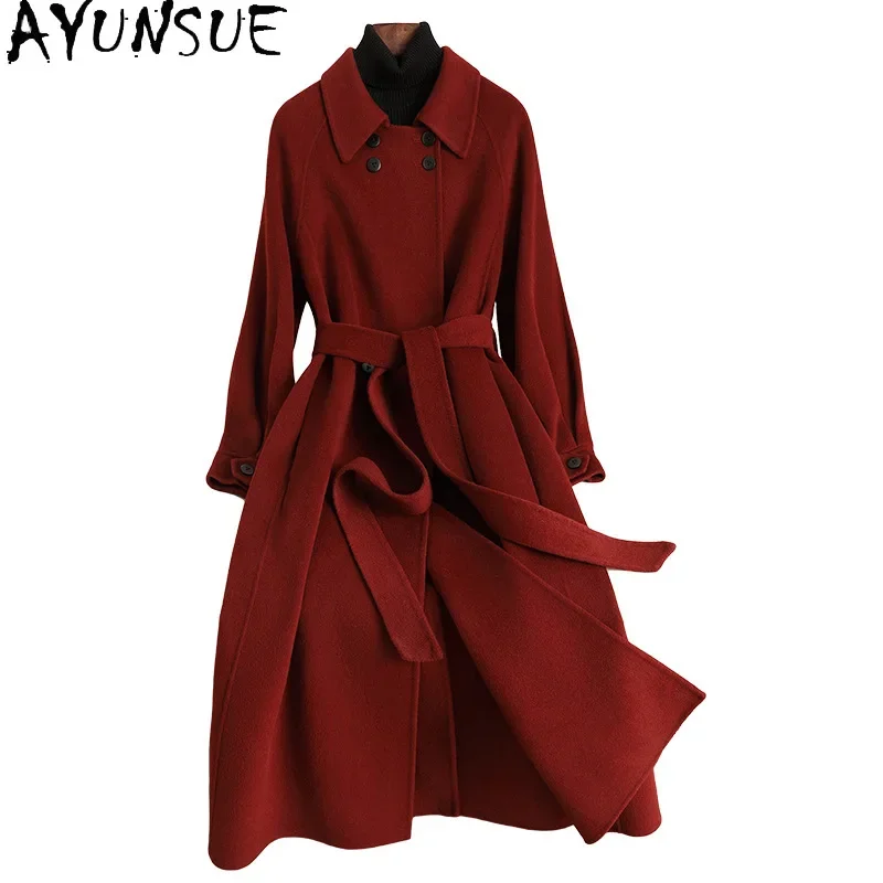 

AYUNSUE Fashion Korean Version 100% Wool Coat Woman Fall Clothes Women 2024 Luxury Long Coats Old Money Style Outerwears пальто