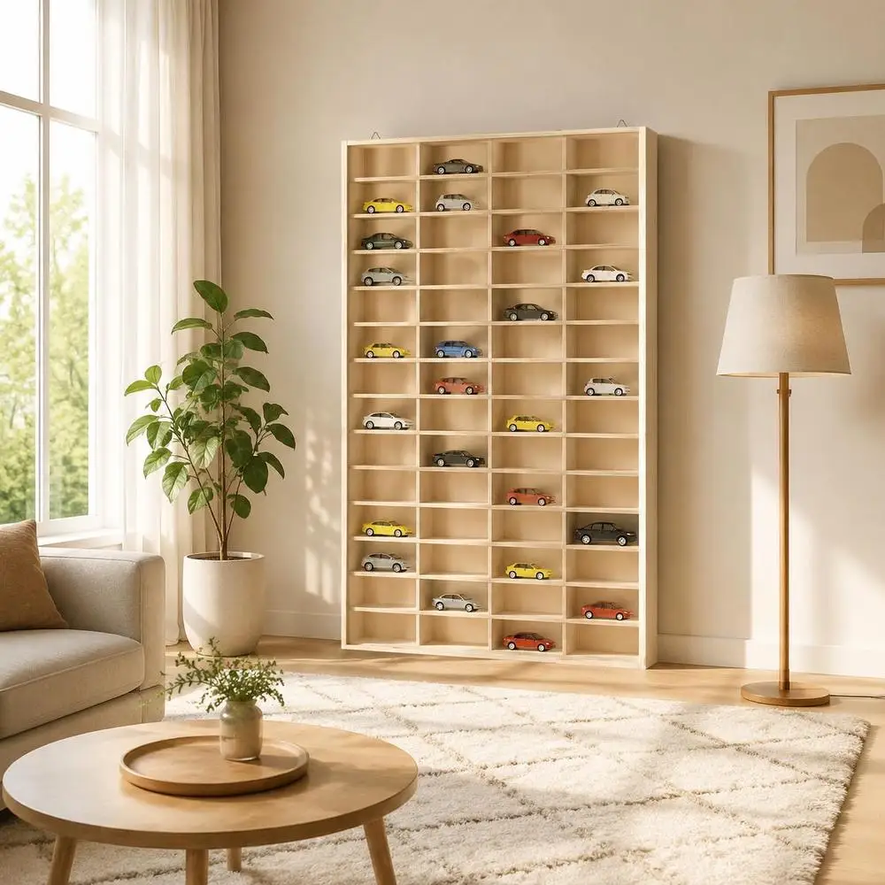 Vitrine murale en bois, étagère de rangement à 56 compartiments pour objets de collection, matériau en contreplaqué naturel, organisateur de décoration intérieure, 40x4,5x60 cm