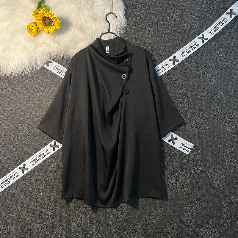 

Men New Chinese Retro Button Personalized Shirt Summer Irregular Stand-up Collar Half Sleeve Coats Fashion Versatile Black Tops