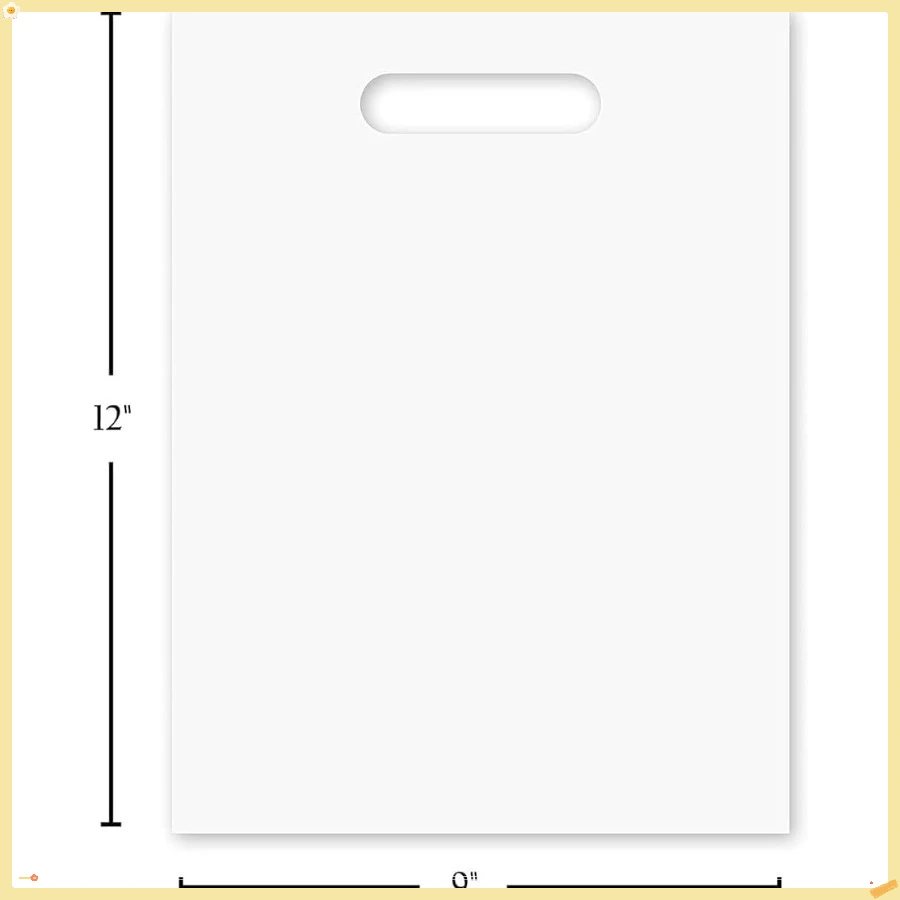 Sacchetto di plastica artigianale con manico fustellato 9" x 12" Sacchetti di merce bianchi Confezione da 100 per vendita al dettaglio, regali e spettacoli