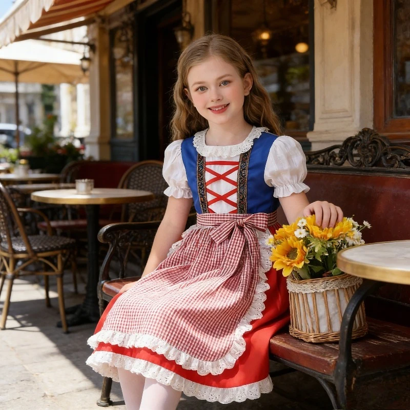 

Bavarian Girls Dirndl Dress Traditional Cotton Print European Countryside Style Beer Festival Outfit