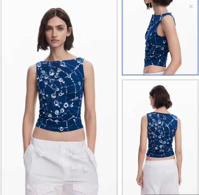

Spanish foreign trade drop print design collar sleeveless T-shirt for women
