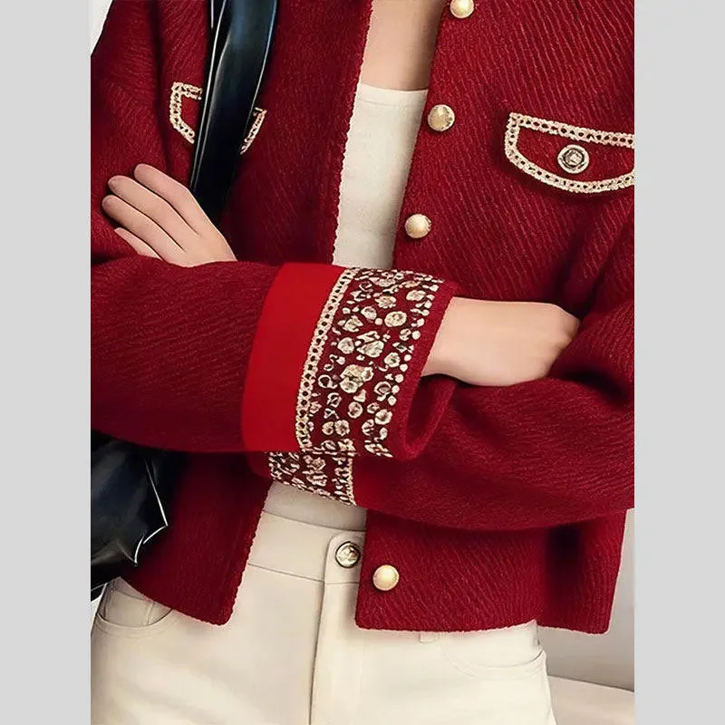 New 2026 Spring Autumn Women Coat Elegant High-end Good-looking Red Small Fragrant Style Jacket Round Neck Short Top Outerwear