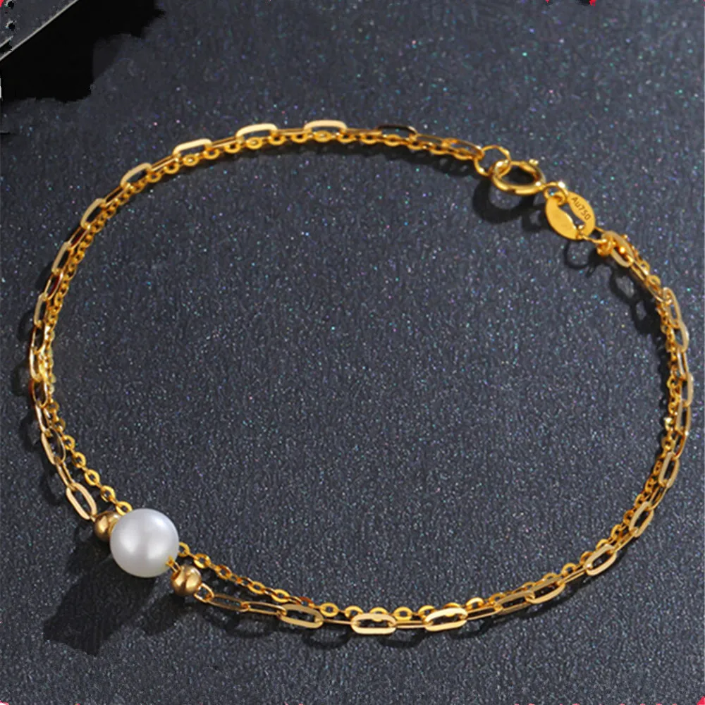 

Pure 18K Yellow Gold Chain Women Lucky Double O Pearl Link Bracelet