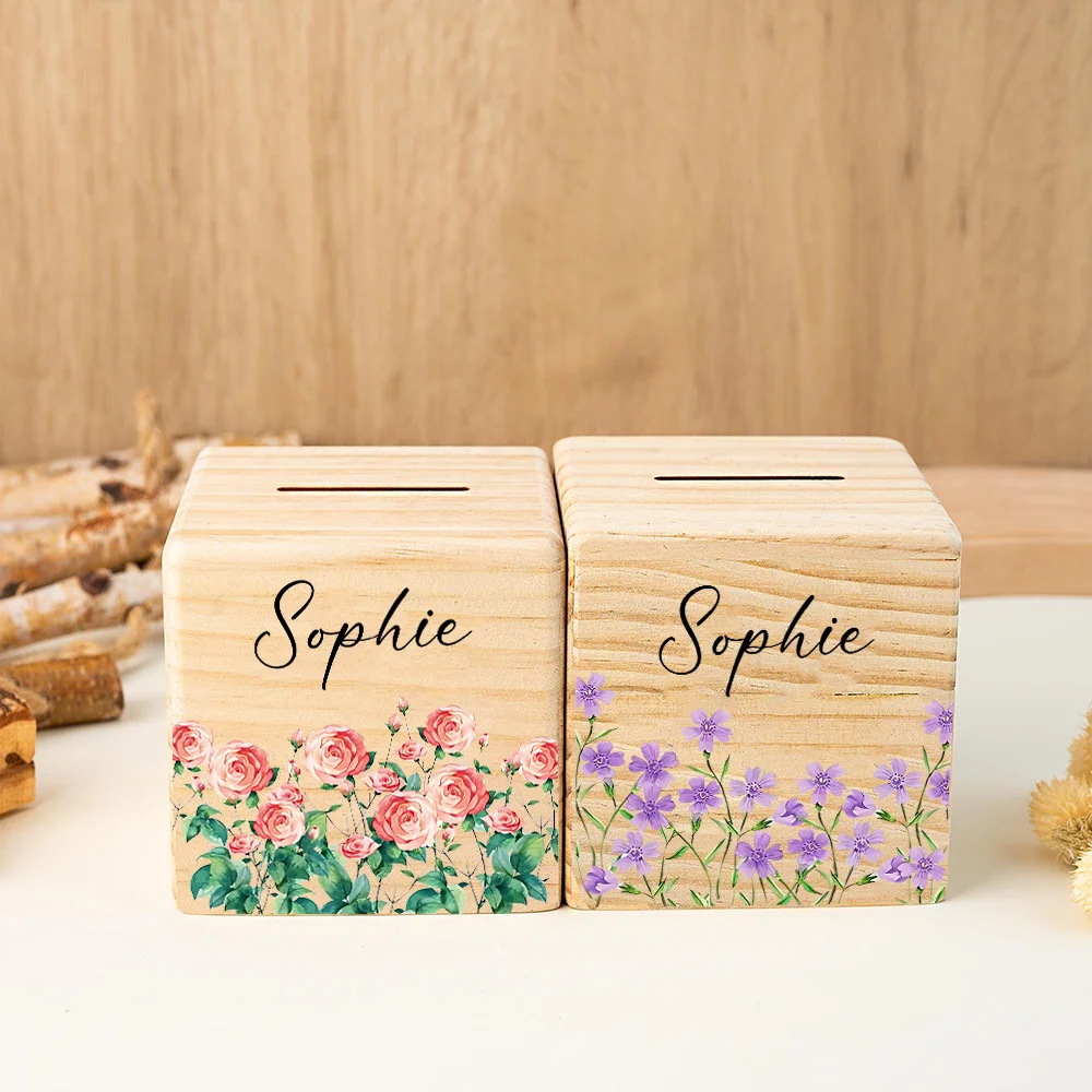 Personalized Piggy Bank with Birth Flower Custom Name Wooden Money Box Kids Birthday Holiday Coin Box Gift Fashion Money Boxes