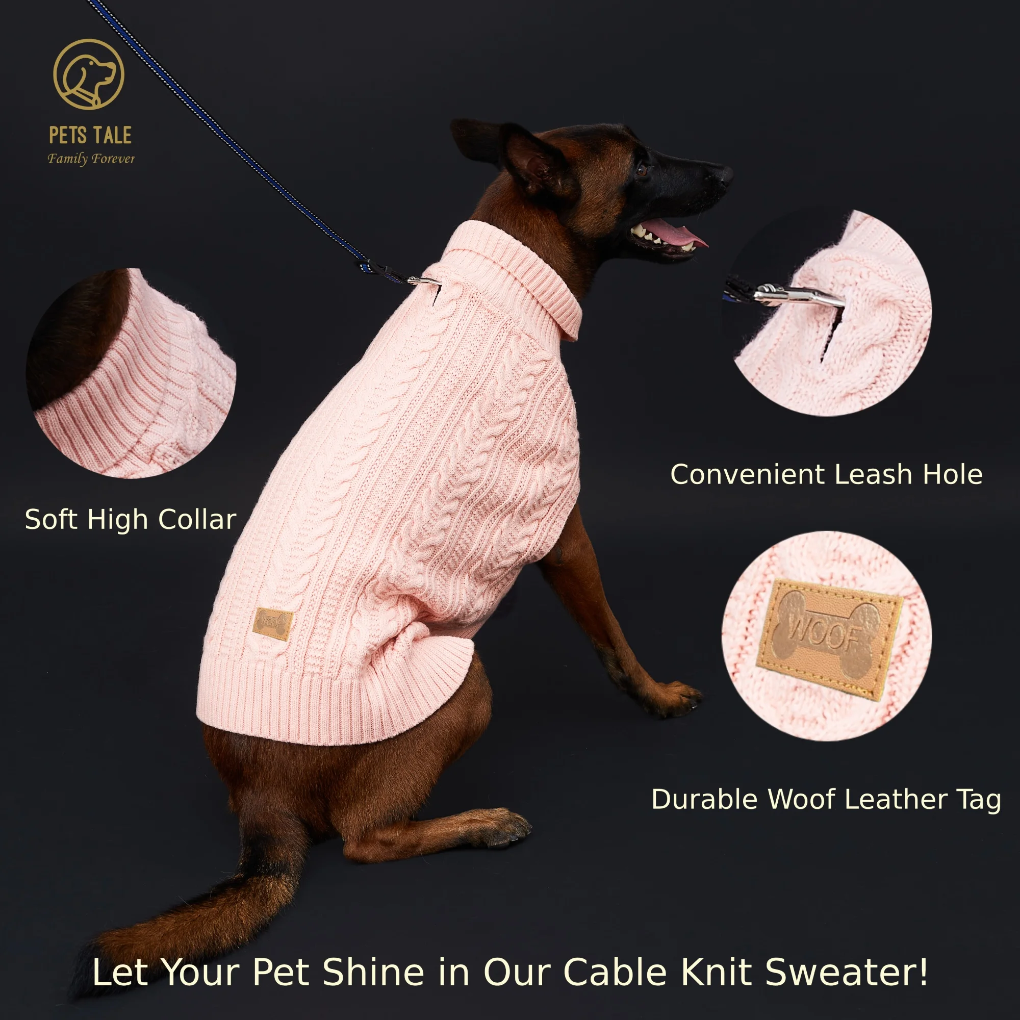 Cable Knit Dog Sweater - Soft High Collar Design with Leash Hole, Available in 4 Colors: Pink, Khaki, Green, and Purple