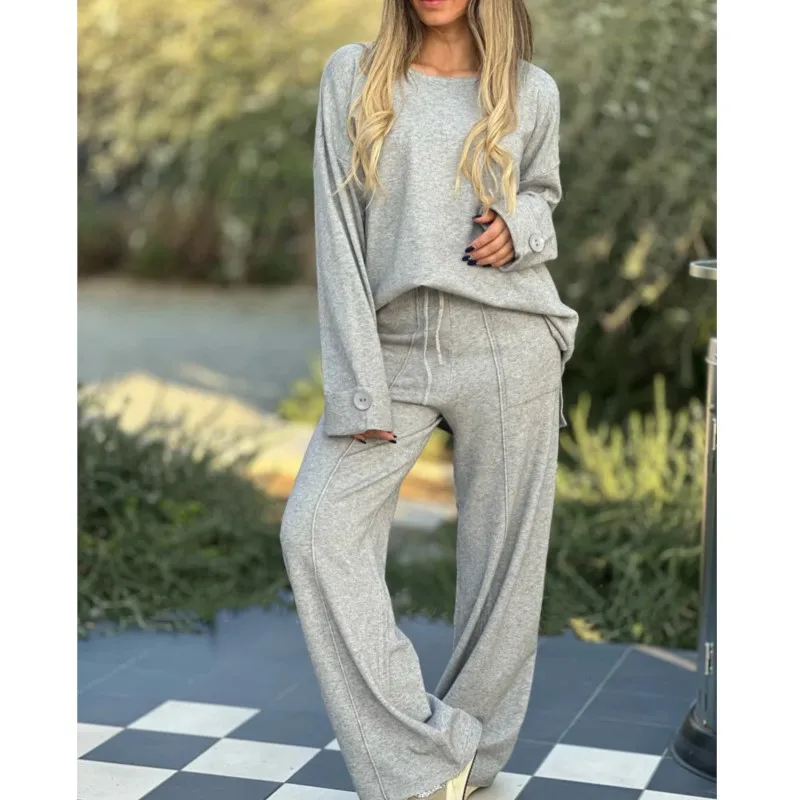 Damski zestaw 2024 New Fashion Casual Set Solid Color Long Sleeve Top Set Autumn Loose Wide Leg Pants Trousers Two Piece Set Female