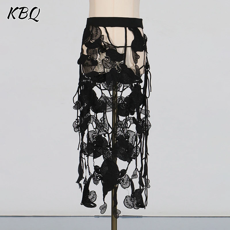 

KBQ Solid Chic Hollow Out Minimalist Loose Lace Skirts for Women High Waist Temperament Loose Long Skirt Female Fashion Style