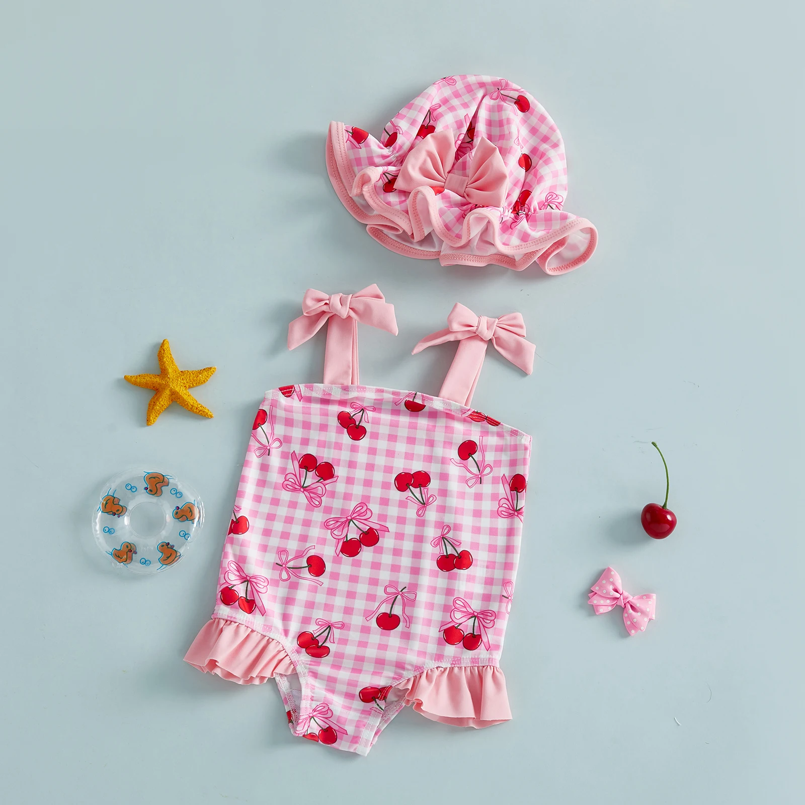 

Toddler Kids Baby Girls Summer Swimsuits Strawberry/Bow/Cherry Print Sleeveless Tie Shoulder Bathing Suits with Swim Cap