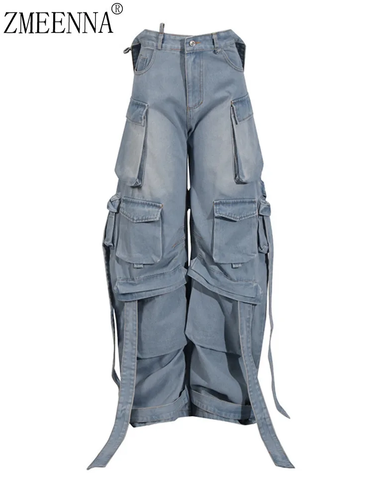 ZMEENNA Hellblaue Wash-Denim-Cargohose für Damen, stilvolle Jeans mit mehreren Taschen, lockere Passform und weitem Bein, lässige Mode ZM3579