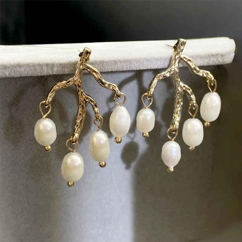 

Niche design copper plated 18K real gold natural freshwater pearl rice grain shape tree branch earrings 925 silver
