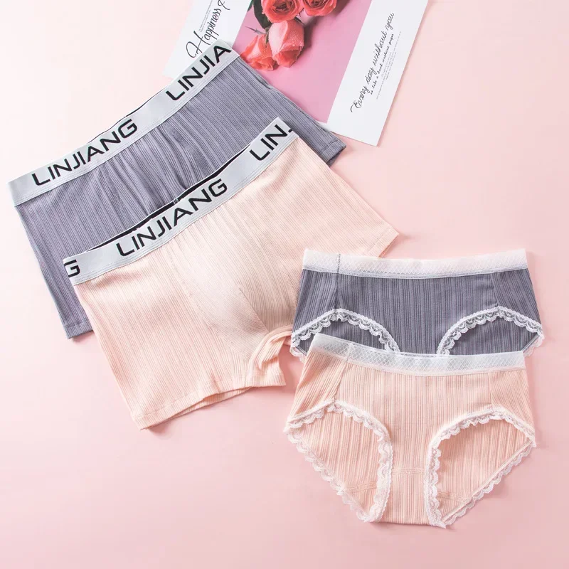 2Pcs Couple Underwear Set Men's Boxer Briefs Women's Lace Panties Sexy Cozy Cotton Lingerie Thread Trimmings Lovers Gift