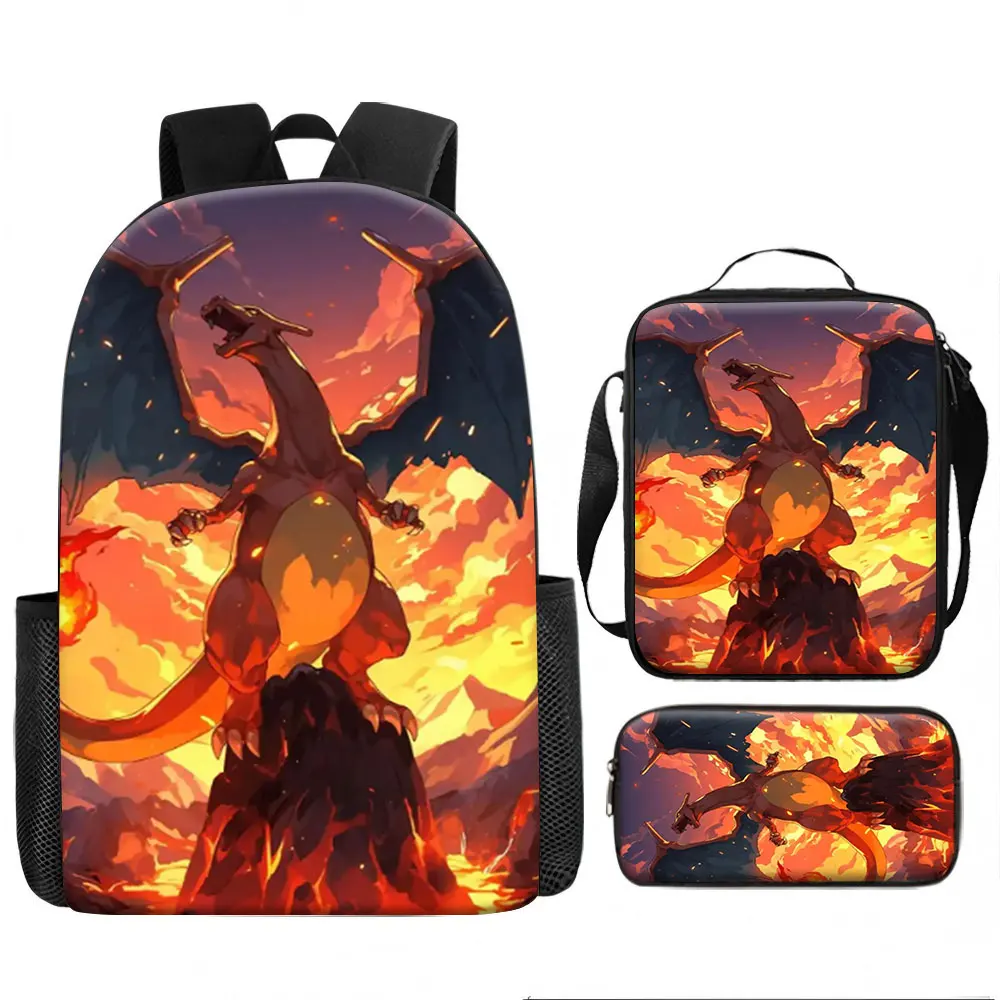 Kids Bag, Pokemon Anime, 3pcs Backpack Set Charizard Flying Roaring Flame Mountain Sunset Classic Fire Type Print Waterproof