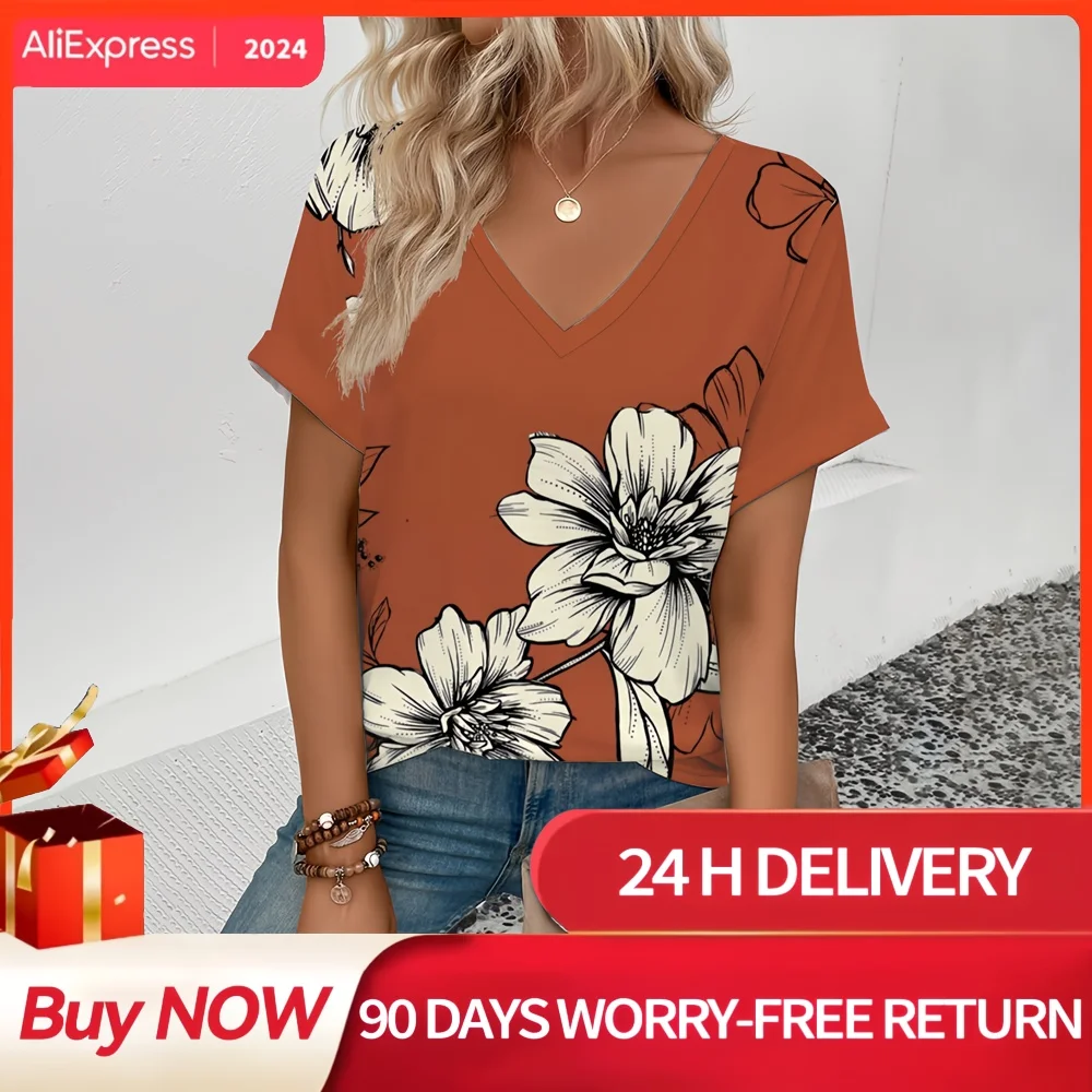 2024 Top Women Summer Women's V-neck T-Shirt Retro Floral Pattern Print T-Shirt Fashion Women's Leisure Short Sleeve T-Shirt