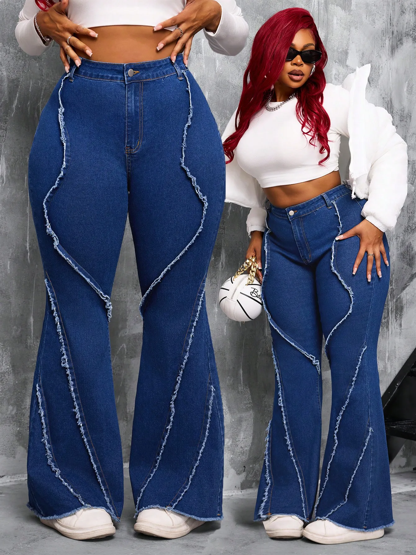 

Джинсы-клеш с высокой талией и эффектом потертости, стройнящие, для повседневной носки, больших размеров