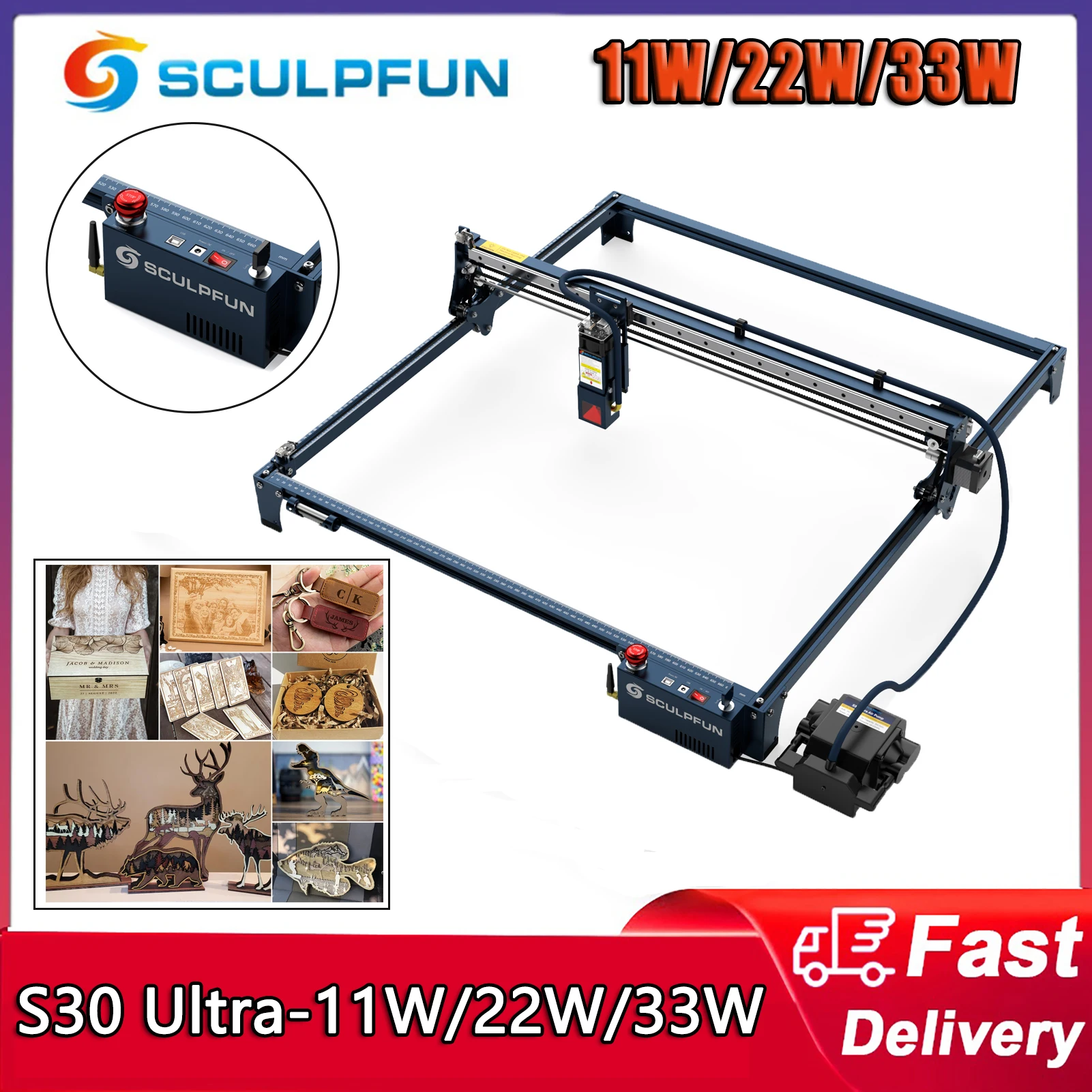 SCULPFUN S30 Ultra-11W/22W/33W Laser Engraving Machine 600x600mm Engraving Area Automatic Air Assist Replaceable Lens Eye Protec