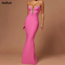 Bafftafe Fuchsia Satin Fishtail Formal Evening Dress Customized Crystal Women Special Party Prom Gowns Wedding Bridesmaid Dress