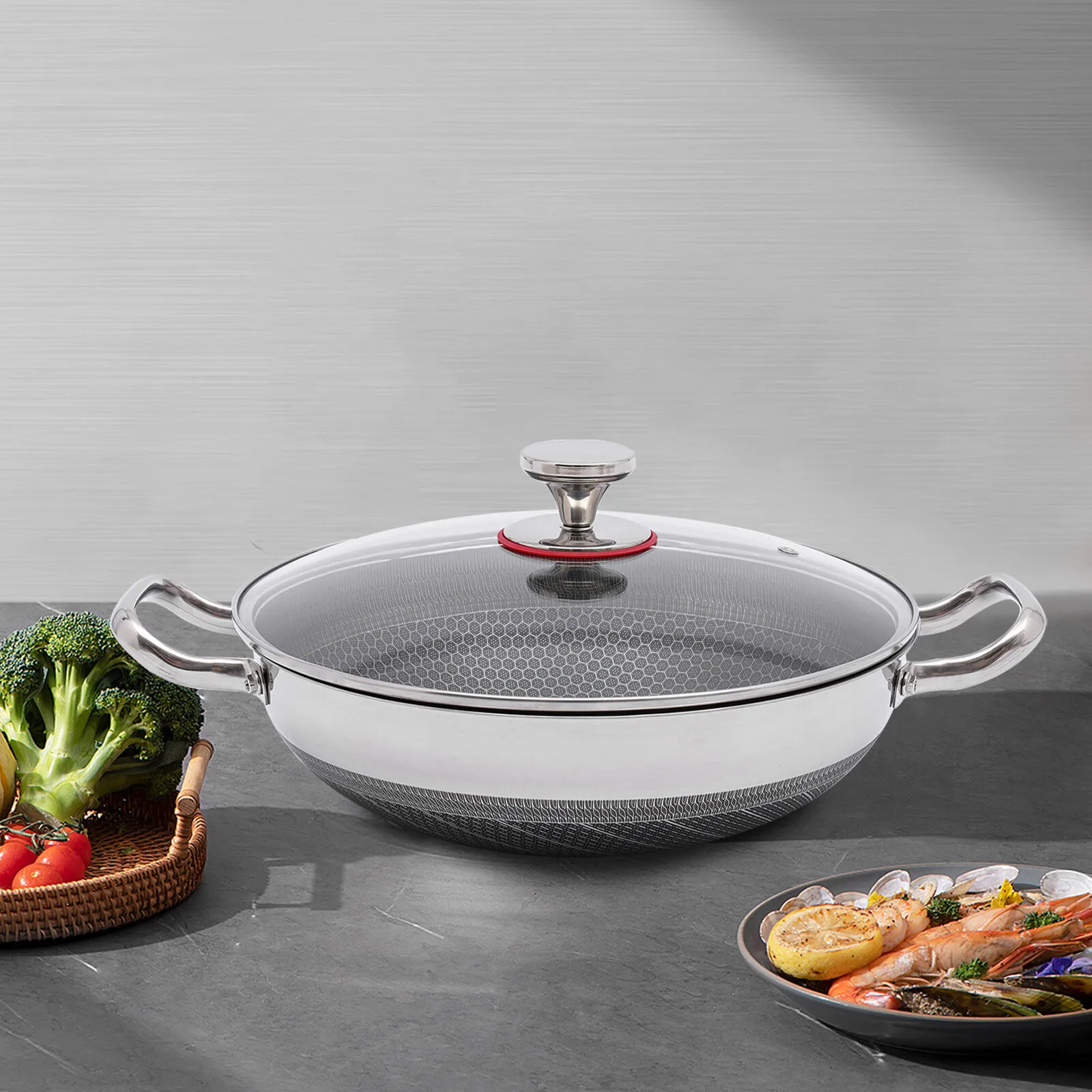 مقلاة غير لاصقة مقاس 12.5 بوصة، مقلاة من الفولاذ المقاوم للصدأ 316 مع غطاء زجاجي، مقلاة طبخ صحية متوافقة مع جميع المواقد #6