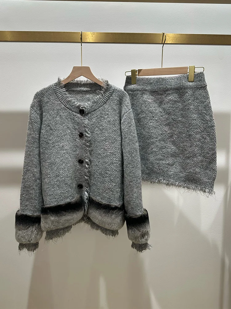 New Autumn Knitted Sweater Real Fox Fur Stripe Pullover With Skirt Suit Loose Coat Outwear Female Luxury Jacket - view 4