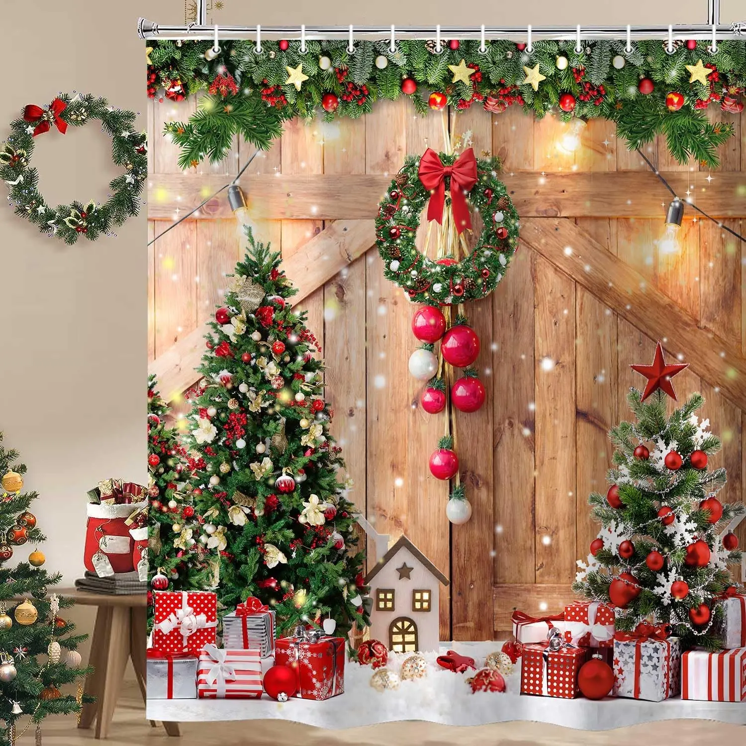 

Winter Xmas Tree Home Decor Wooden Barn Door Fabric Shower Curtains for Bathroom, Country Vintage Snowflake,72X72in