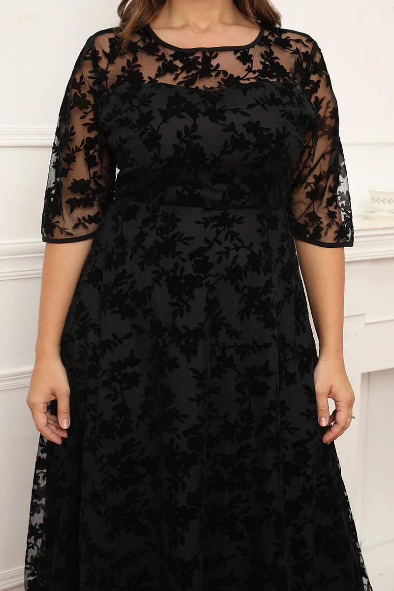 Plus Size Short Sleeve Maxi Dress Women Black Lace Flocking Mesh Velvet Double Layer Long Formal Dress Elegant Party Dress