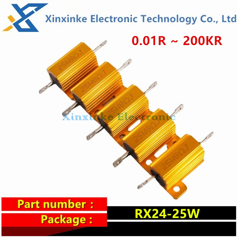 5PCS RX24 25W Aluminum Power Metal Shell Case Wirewound Resistor 0.1R 0.25 0.5 1 5 8 10 12 20 50 100 ohm 1K 2K ohm Resistance