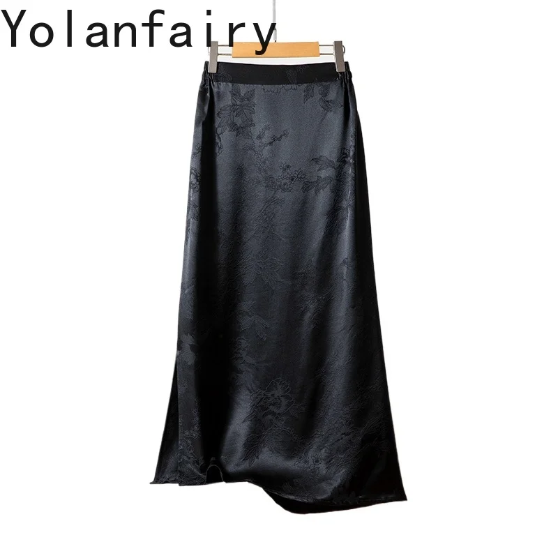 YOLANFAIRY Luxury 100% Mulberry Silk Long Skirts for Woman Korean Style Jacquard Satin Skirt One-step Black Skirt Faldas Largas