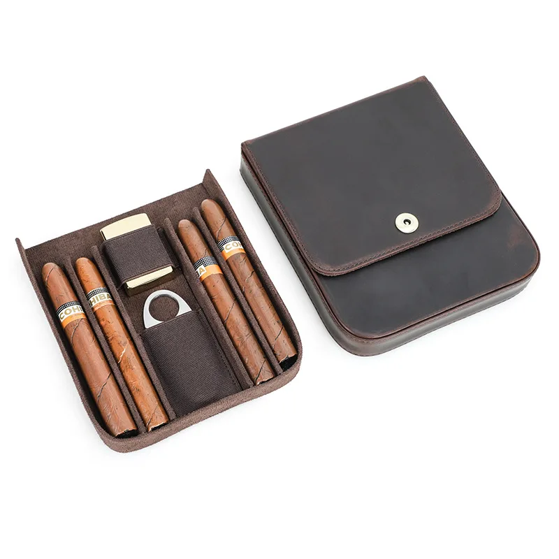 Coffee-colored horse skin cigar box 4-pack magnetic buckle clamshell cigar moisturizer box set of accessories storage box