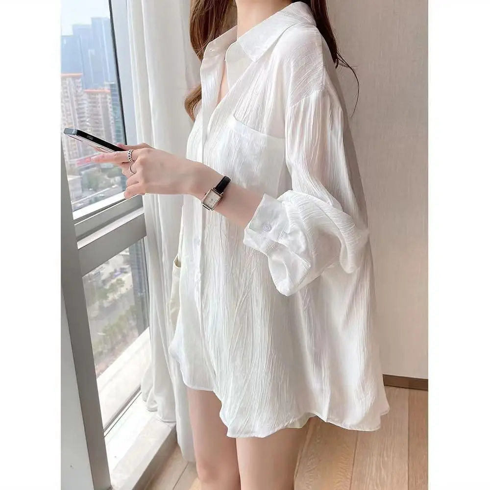 Polo shirts for women 2023 Summer White Loose Long sleeved Top Casual Street Wear Korean Style Sun Protection Clothing Camisas