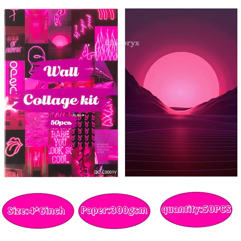 50Pcs Neon Print Poster Collage Cards Set Retro Cardboard Blue/Pink/Green/Orange Neon Wall Collage Poster Decor for Home Bar