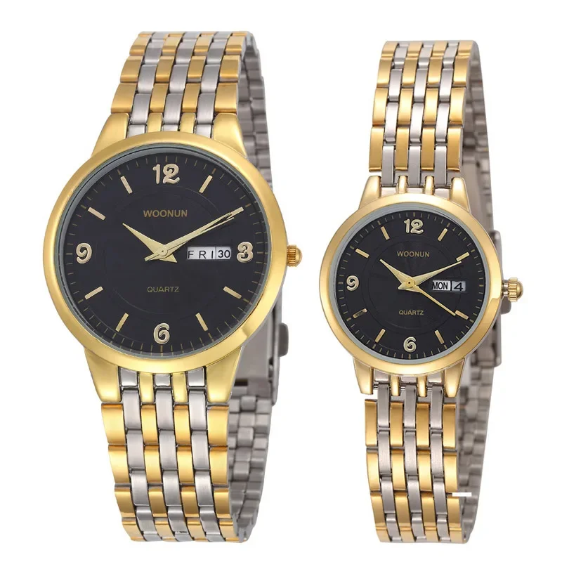 New WOONUN Couple Watch For Lovers Waterproof Stainless Steel Date Day Quartz Watches Luxury Gold Watch Valentine's Day present